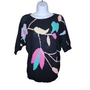 Vintage 1980s Winged Short Sleeve Sweater Womens Size M Black Birds Flowers